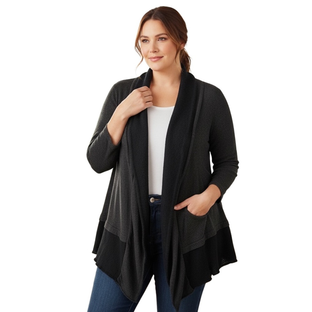 CYNTHIA ROWLEY 2X Gray Black Layered Ruffle Cardigan Sweater R $325 - Picture 7 of 16